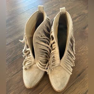 Tan Ankle Faux Suede Fringe Cowboy Bootie.